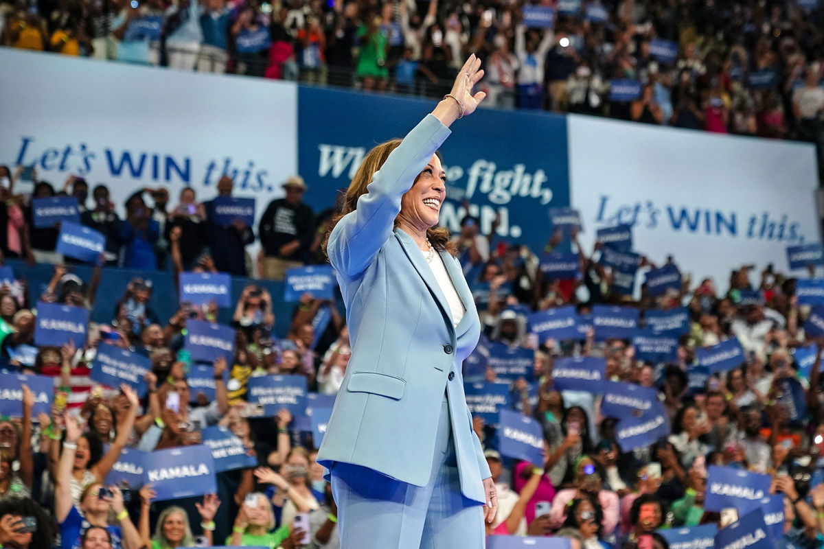 <i>Elijah Nouvelage/AFP/Getty Images via CNN Newsource</i><br/>Vice President Kamala Harris arrives at a campaign rally in Atlanta on July 30.