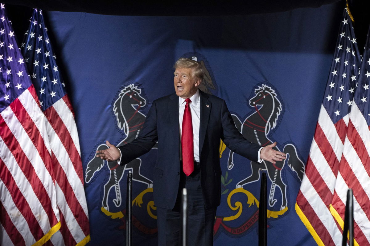 <i>JOE LAMBERTI/AFP/AFP via Getty Images via CNN Newsource</i><br/>Former President Donald Trump arrives to speak at a campaign rally in Harrisburg