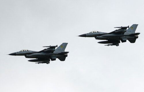 Ukrainian F-16 fighting aircrafts are seen in the air during marking the Day of the Ukrainian Air Forces