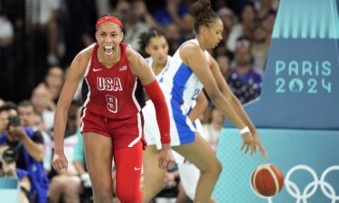 A'Ja Wilson reacts in the second half against France in the women's gold medal game.