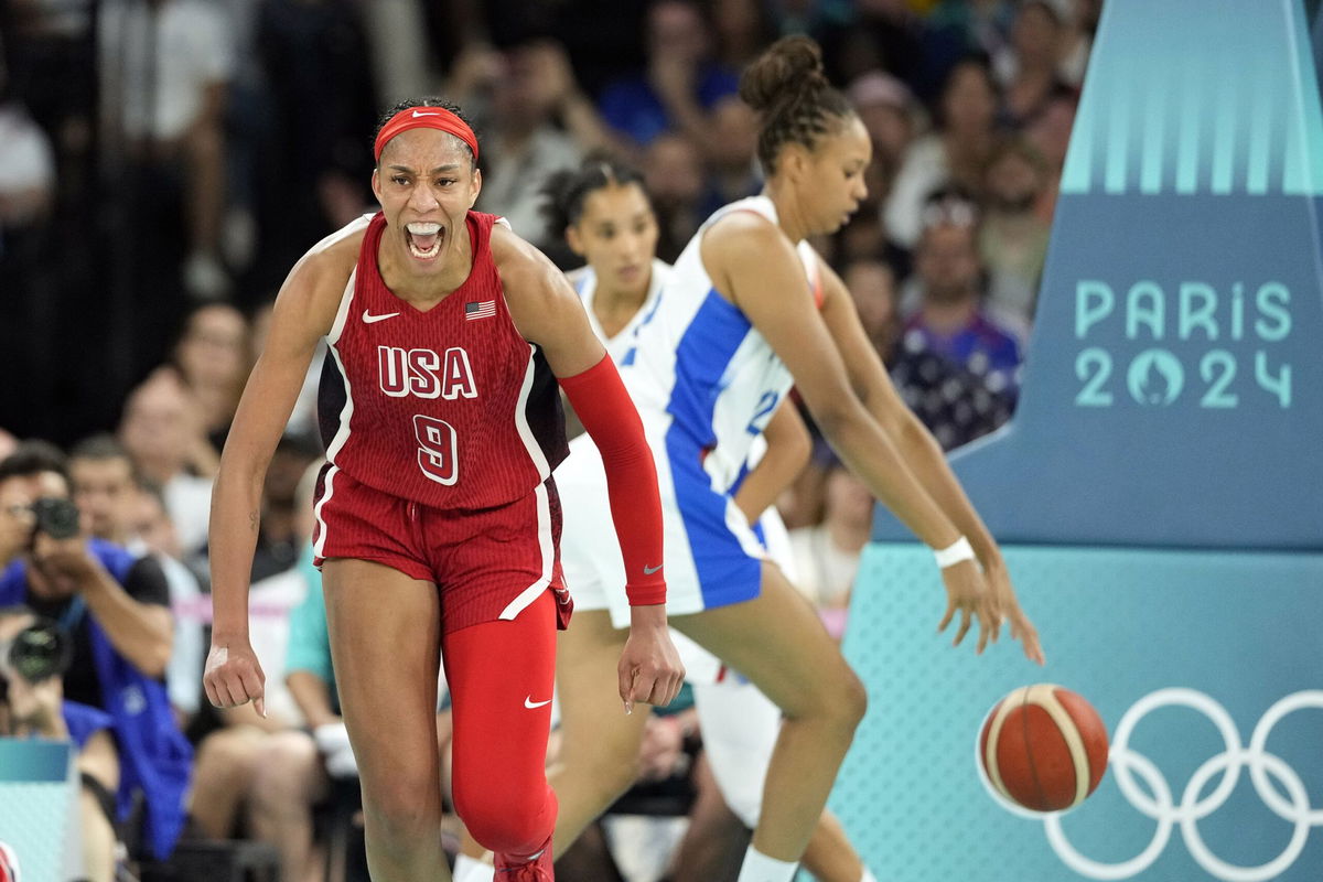 <i>Kyle Terada/USA Today Sports/Reuters via CNN Newsource</i><br/>A'Ja Wilson reacts in the second half against France in the women's gold medal game.