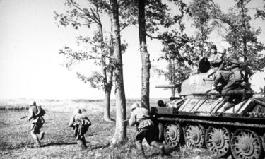 Soviet infantry in combat during the Battle of Kursk in 1943 in Russia. It was World War II battle between German and Soviet forces on the Eastern Front fought from July 5 till August 23