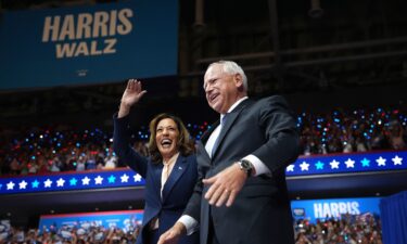 Vice President Kamala Harris and Minnesota Gov. Tim Walz at the Liacouras Center at Temple University on August 6 in Philadelphia.