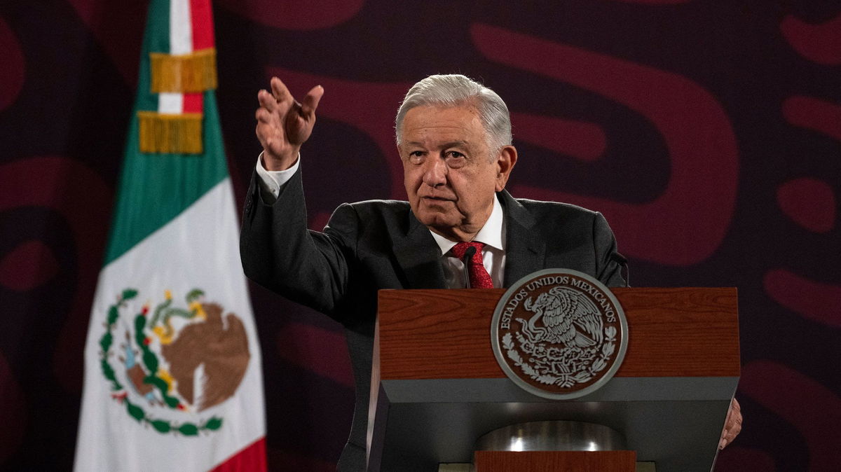 Mexico's President Andres Manuel Lopez Obrador gestures during his daily press conference at the National Palace in Mexico City on August 23