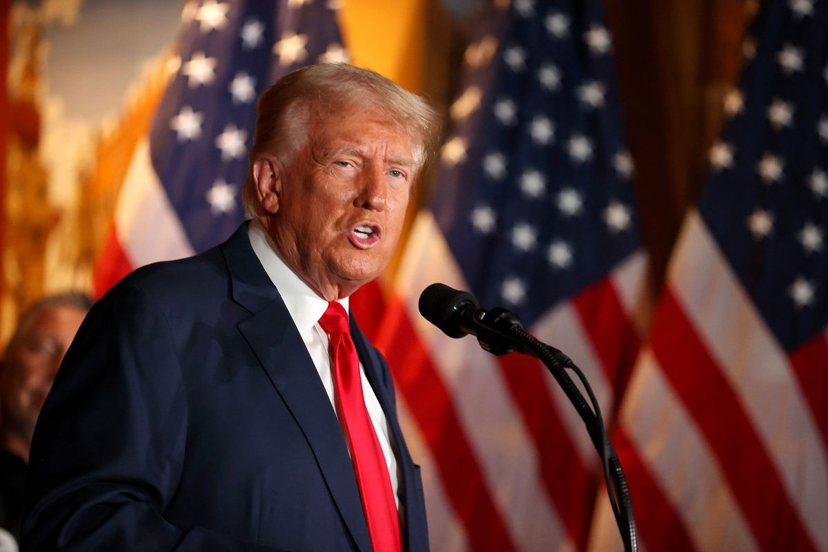 <i>Ian Maule/Getty Images via CNN Newsource</i><br/>Former president Donald Trump speaks at II Toro E La Capra on August 23 in Las Vegas.