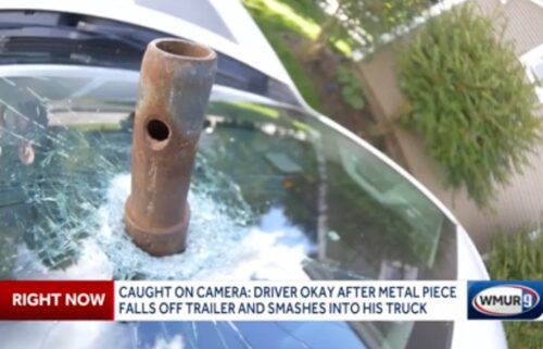 A piece of metal flew off a trailer and pierced the windshield of a pickup truck on Interstate 93 in the Lakes Region