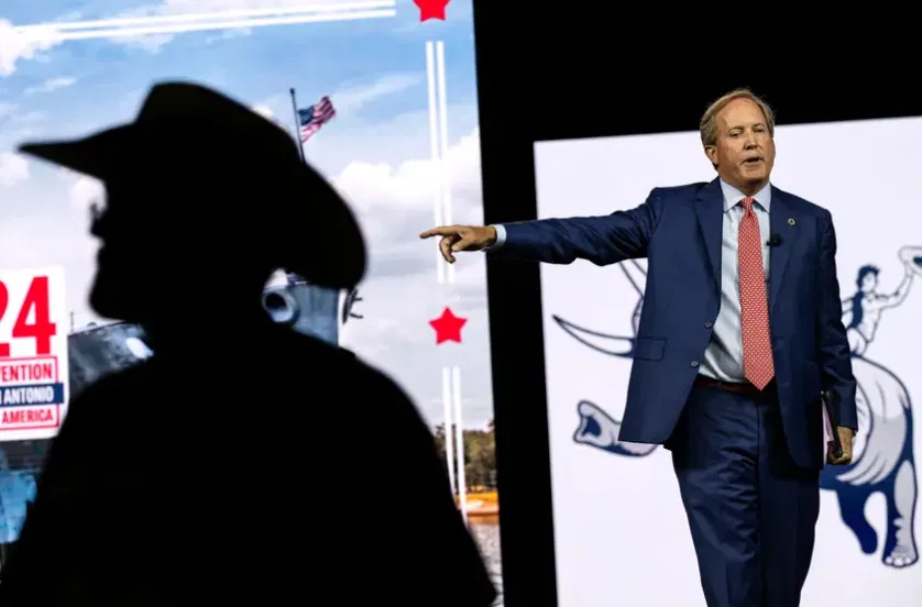 Texas Attorney General Ken Paxton speaks during the Texas GOP Convention on May 23, 2024 in San Antonio.