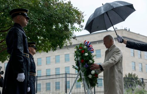 President Joe Biden participates in a wreath-laying ceremony commemorating the 21st anniversary of the crash of American Airlines Flight 77 into the Pentagon during the September 11th terrorist attacks at the National 9/11 Pentagon Memorial on September 11