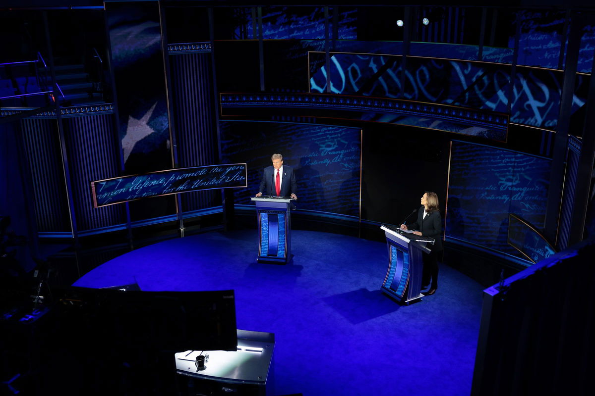 <i>Win McNamee/Getty Images via CNN Newsource</i><br/>Former President Donald Trump and Vice President Kamala Harris debate for the first time during the presidential election campaign at The National Constitution Center on September 10 in Philadelphia.