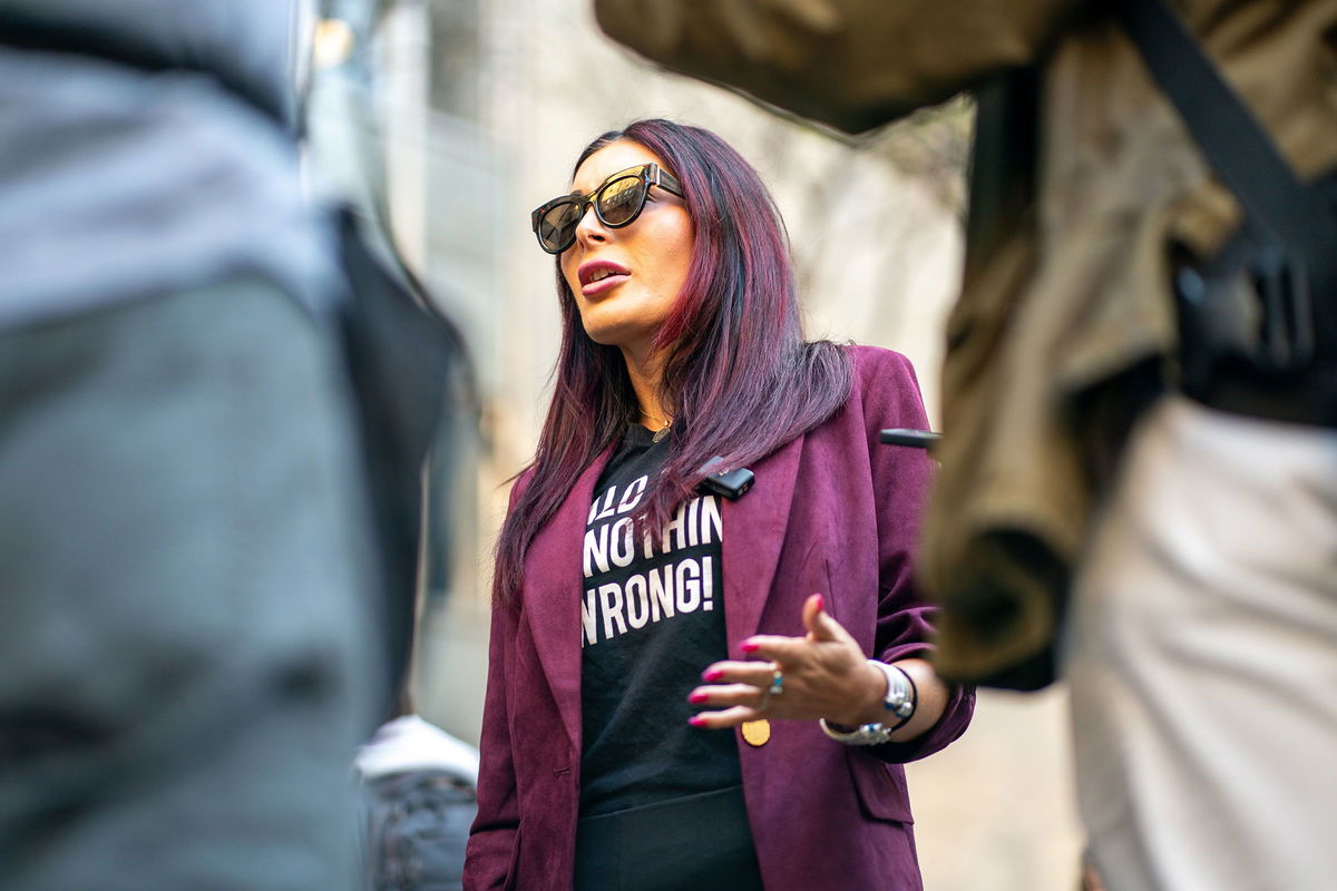 <i>David Dee Delgado/Getty Images via CNN Newsource</i><br/>Laura Loomer speaks to the media prior to the beginning of former President Donald Trump's Trial at Manhattan Criminal Court on April 15 in New York City.