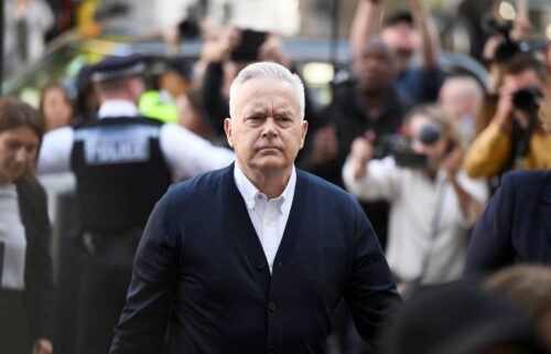 Huw Edwards arrives for sentencing at London's Westminster Magistrates' Court in London on Monday.