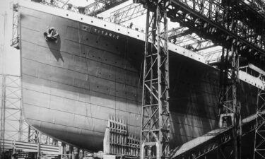 The Titanic under construction at a Harland & Wolff shipyard in Belfast. The ship hit an iceberg and sank on her maiden voyage in April 1912.