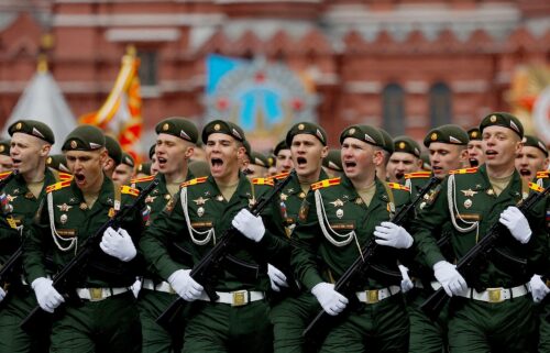 Russian troops march during the Victory Day military parade in Red Square in Moscow