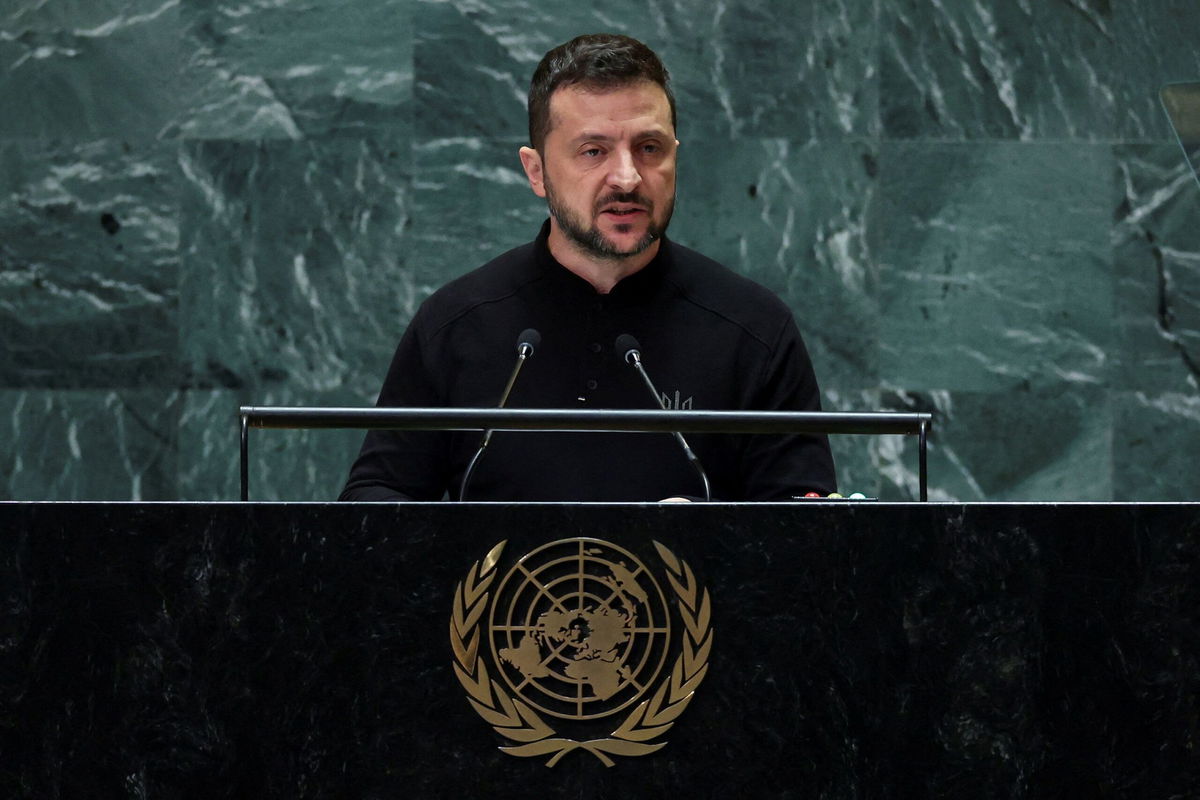 <i>Mike Segar/Reuters via CNN Newsource</i><br/>Ukrainian President Volodymyr Zelensky addresses the United Nations General Assembly in New York on September 25.