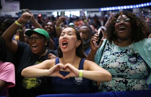 Supporters react as Vice President Kamala Harris speaks at a campaign rally in Savannah