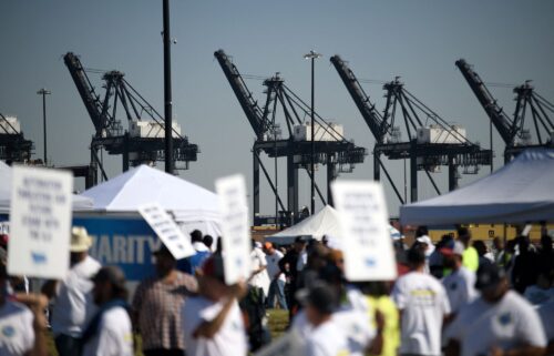 Dockworkers strike at the Bayport Container Terminal in Seabrook