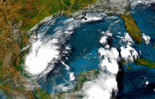 Satellite photo shows storm brewing in the Gulf of Mexico.