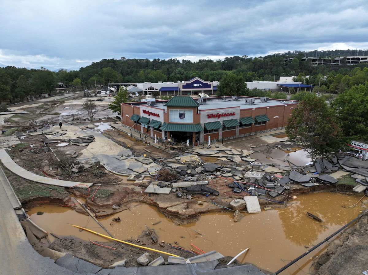 A drone view shows a damaged area, following the passing of Hurricane Helene, in Asheville, North Carolina, September 29.