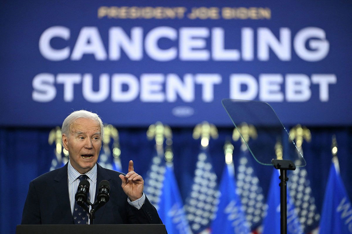 President Joe Biden speaks about student loan debt relief at Madison Area Technical College in Madison, Wisconsin, on April 8.