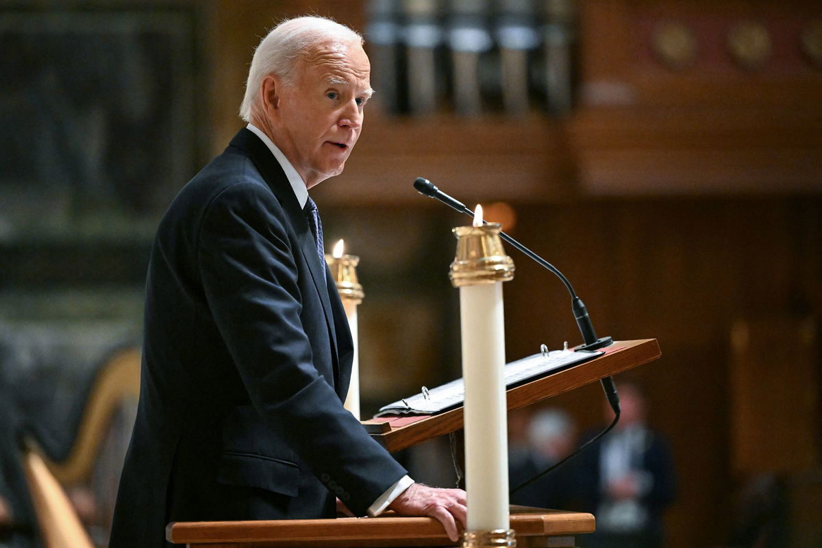 President Joe Biden delivers the eulogy at a memorial service for Ethel Kennedy on October 16, at the Cathedral of St. Matthew the Apostle in Washington, DC.